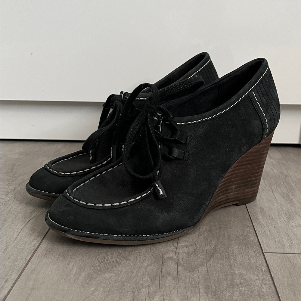 CLARKS Suede Wedge Loafers, Size 8